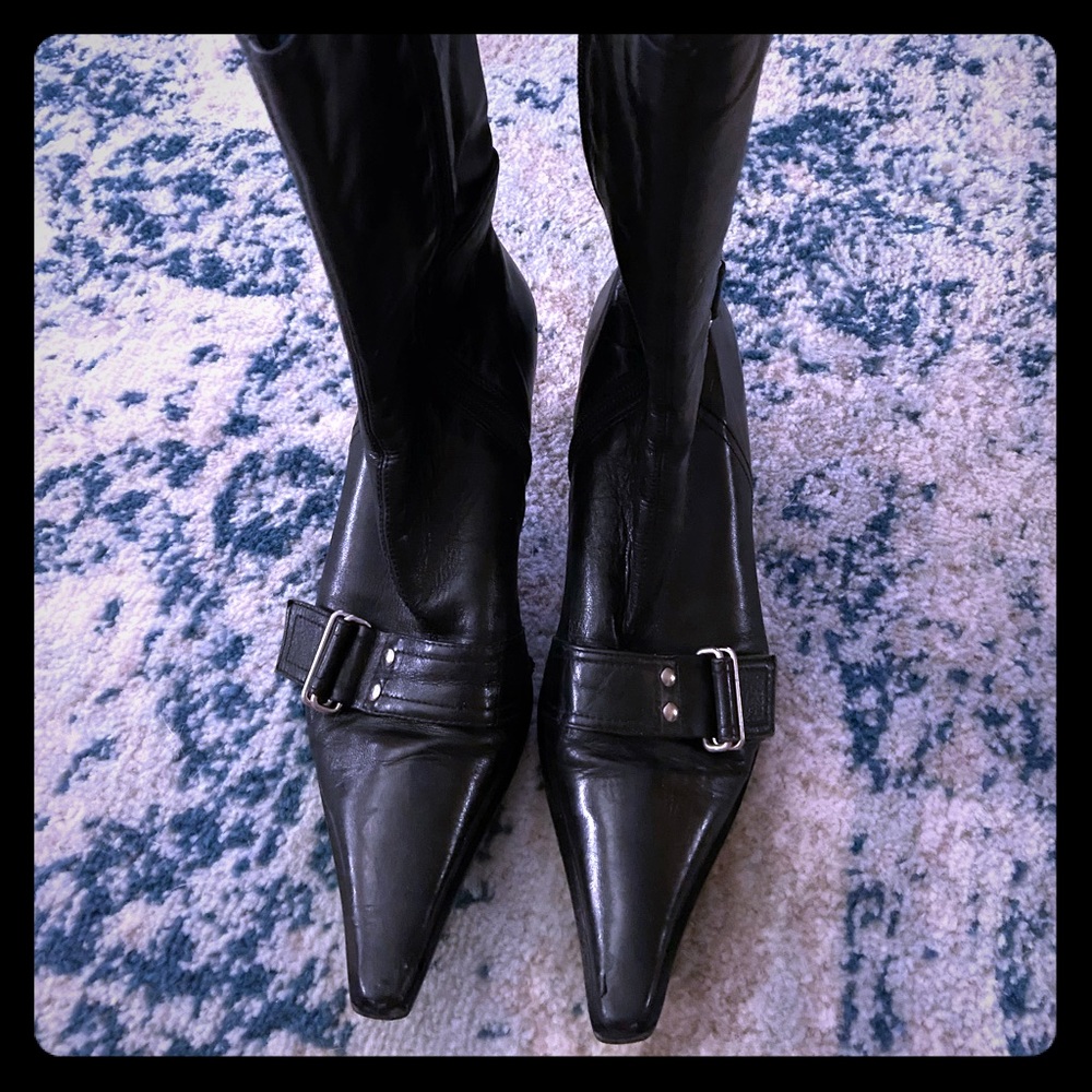 Black leather mid calf boot with buckle detail